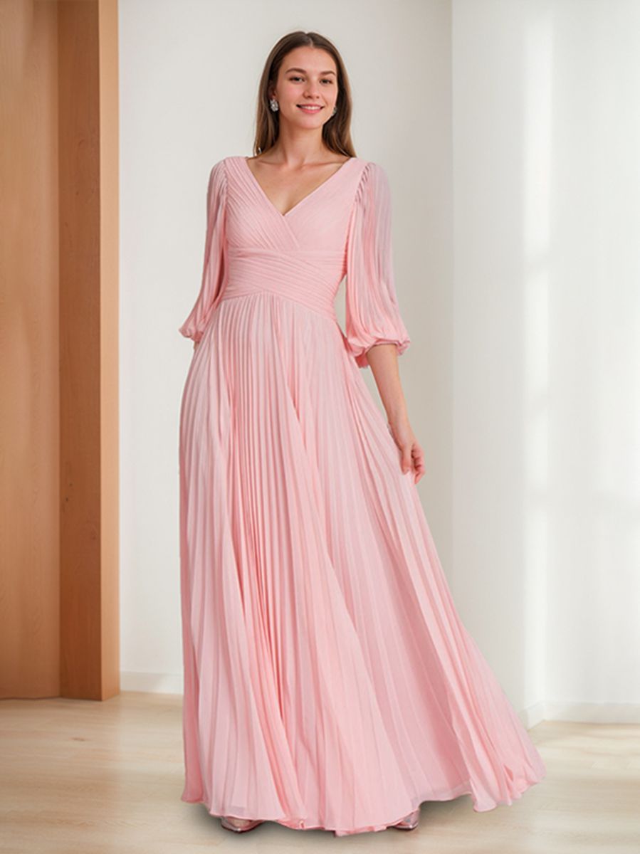 V neck A Line Long Mother of the Bride Dress with 3/4 Sleeves and Ruffles