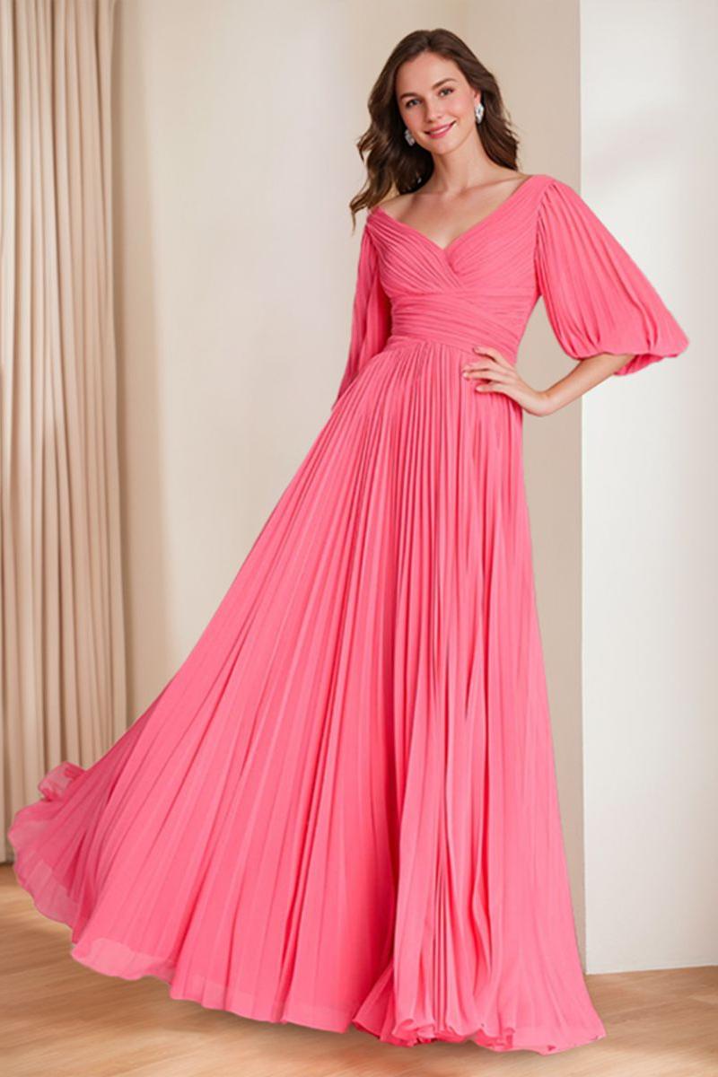 V neck A Line Long Mother of the Bride Dress with 3/4 Sleeves and Ruffles