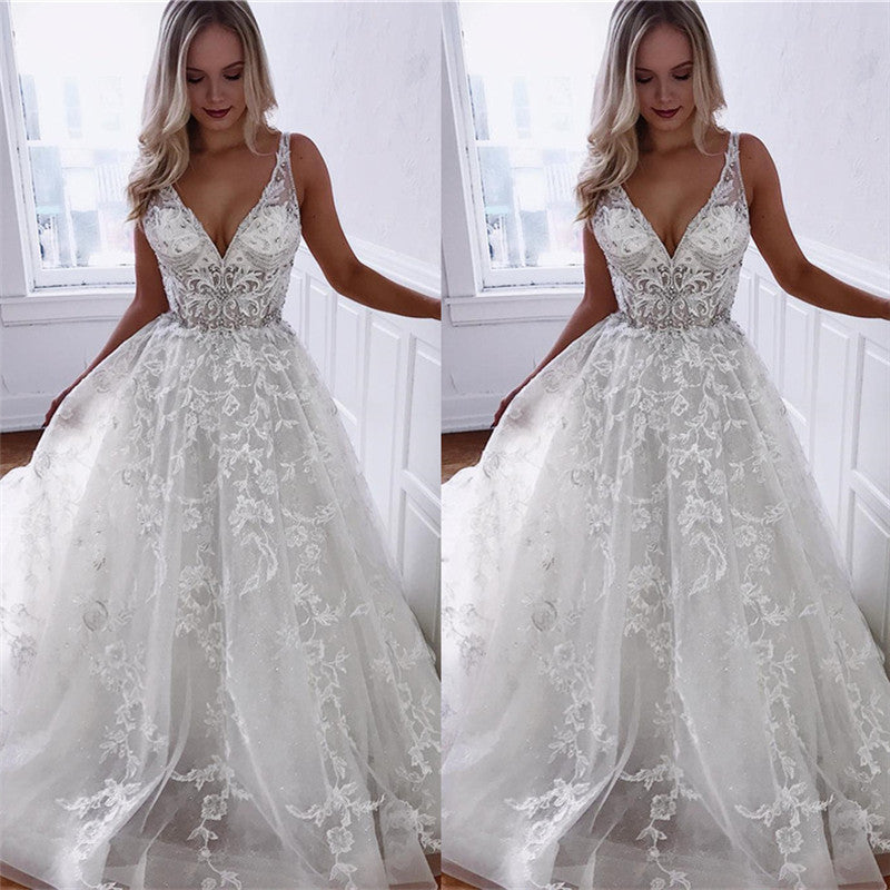 V-neck Appliques Sleeveless A-line Floor-Length Glamorous Wedding Dresses