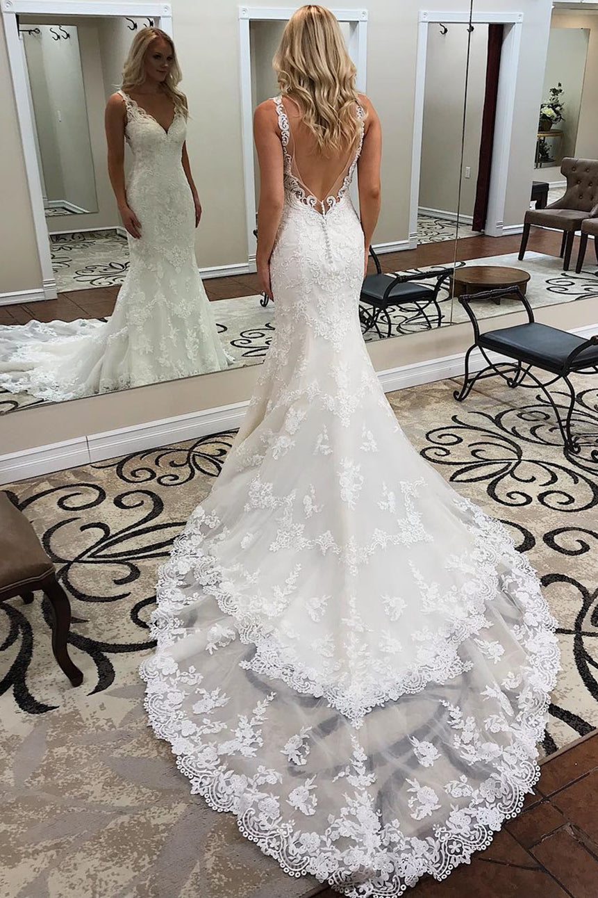 V-neck Backless Sheath Sleeveless Ivory Alluring Appliques Chapel-Train Wedding Dresses