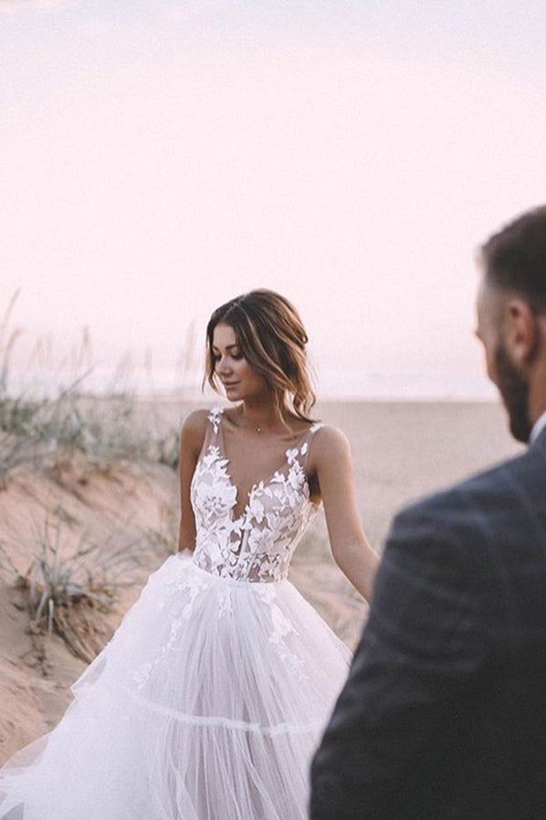 V-neck Lace Tulle Floor-length Beach Wedding Dress