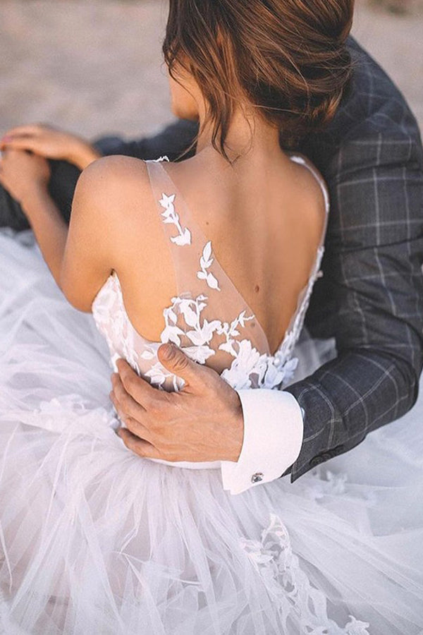 V-neck Lace Tulle Floor-length Beach Wedding Dress