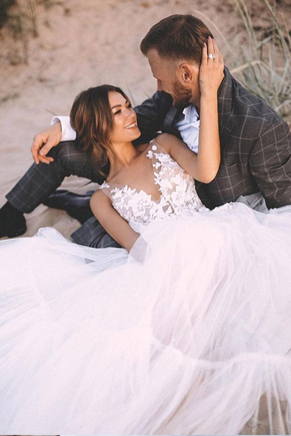 V-neck Lace Tulle Floor-length Beach Wedding Dress