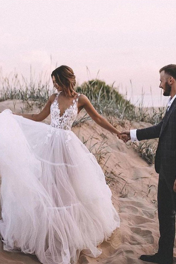 V-neck Lace Tulle Floor-length Beach Wedding Dress