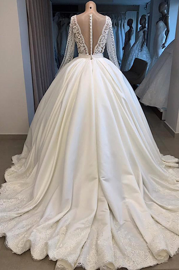 V-neck Long Sleeve Ball Gown Wedding Dress | Satin Beaded Lace Luxury Bridal Gowns Online