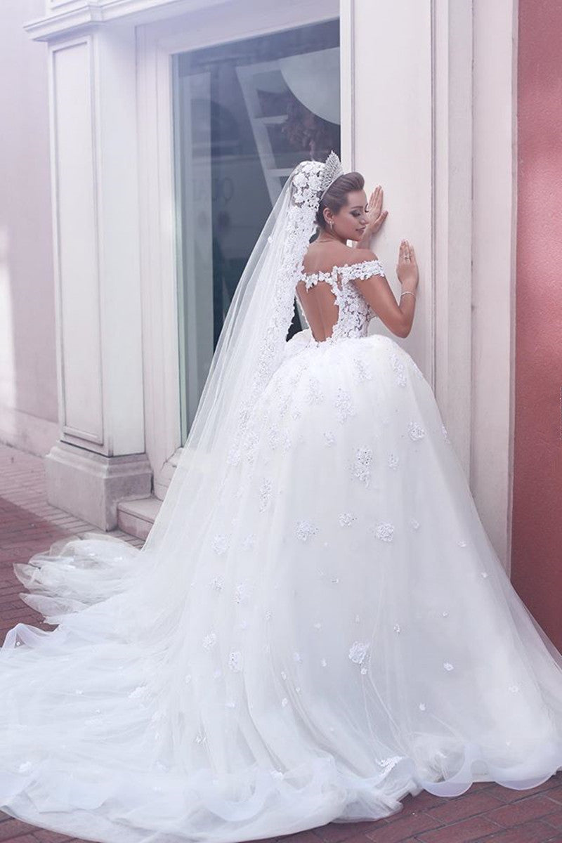 V-neck Off Shoulder Wedding Dresses Lace Ball Gown Bridal Gowns BA3538