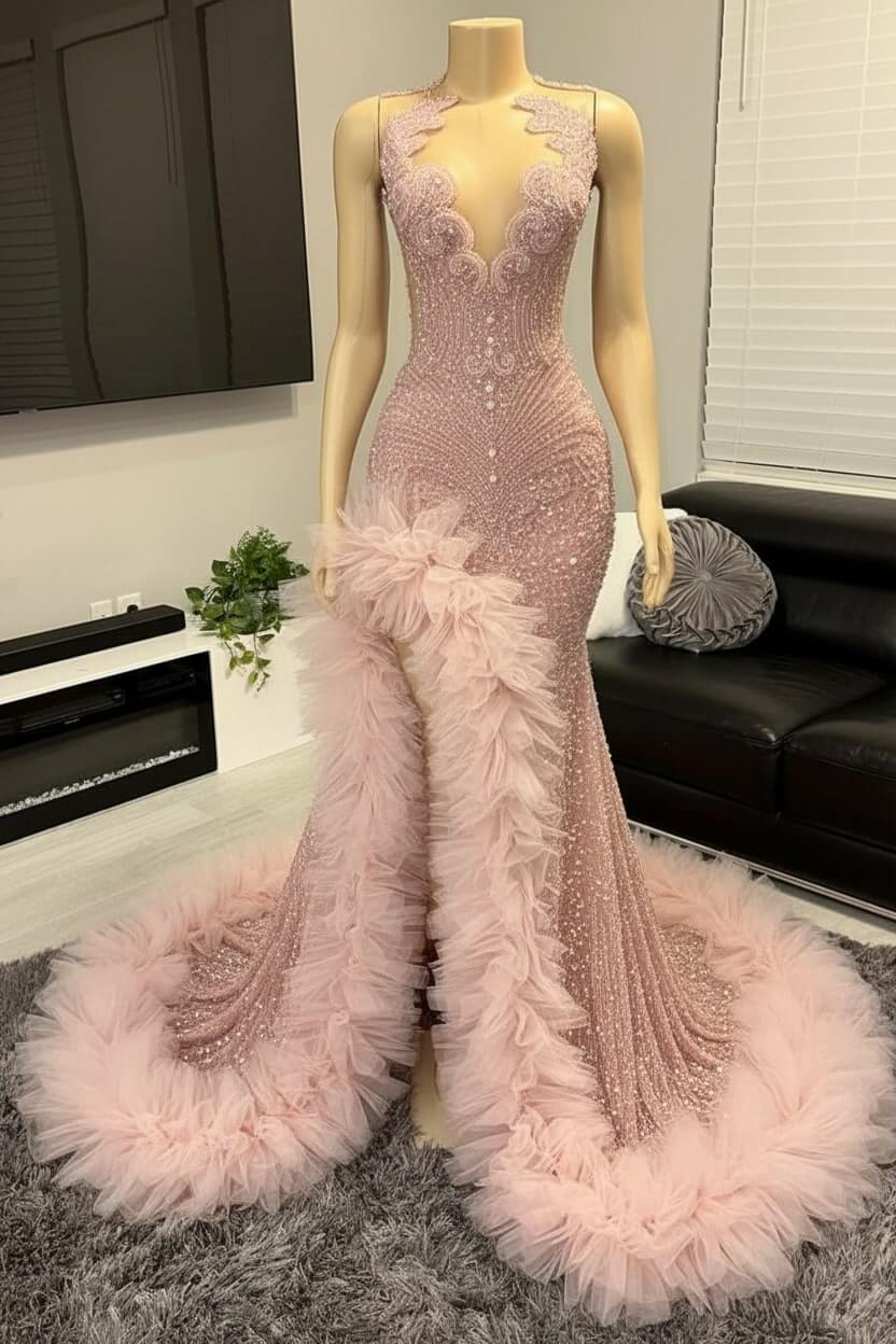 V-neck Prom Dress Orange Beaded Tulle Ruffles Sequin Formal Evening Party Dress
