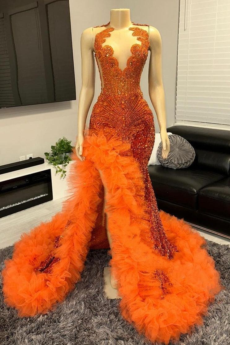 V-neck Prom Dress Orange Beaded Tulle Ruffles Sequin Formal Evening Party Dress