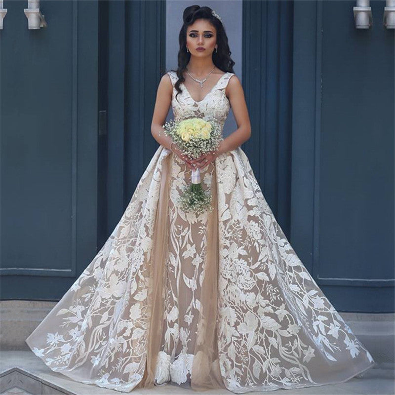 V-neck Sleeveless Lace Champagne Wedding Dresses Detachable Overskirt Backless Bride Dress