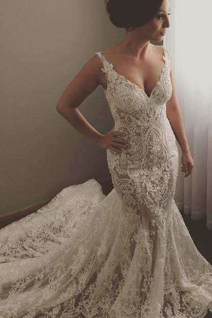 V-neck Sleeveless Mermaid Wedding Dresses Sexy Lace Appliques Bridal Gown WE0196