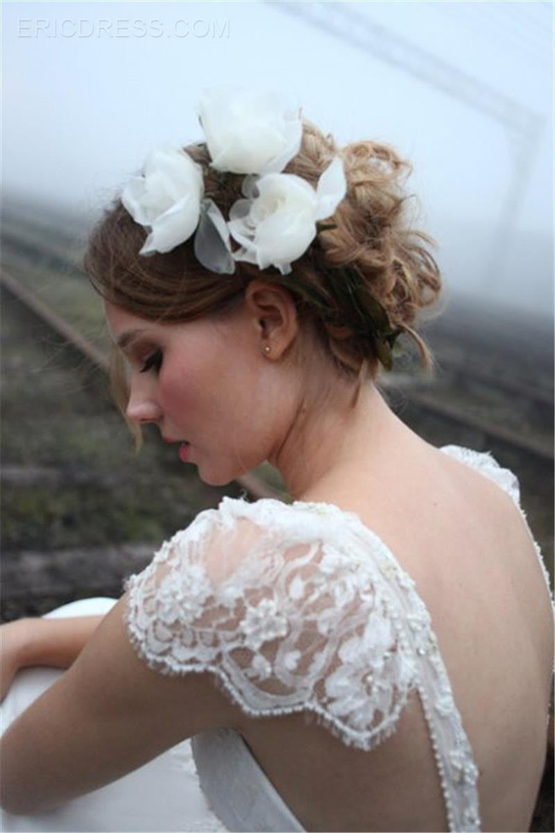 V-neck Summer Outdoor Beach Wedding Dress Lace Cap Sleeve Open Back Bridal Gowns
