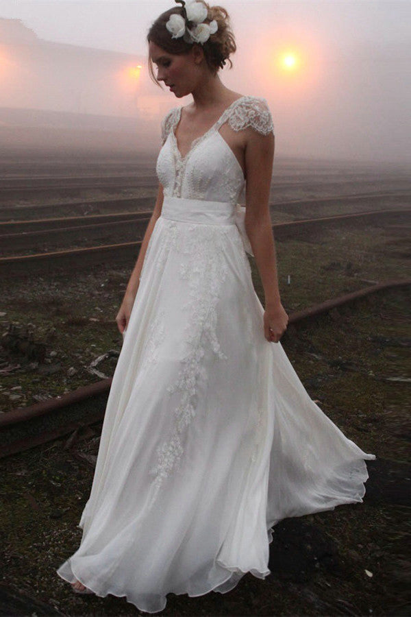 V-neck Summer Outdoor Beach Wedding Dress Lace Cap Sleeve Open Back Bridal Gowns