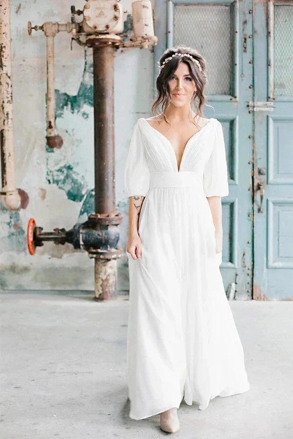 V-neck Half-sleeve Empire Simple Chiffon Casual Wedding Dress WD711 by pgmdress