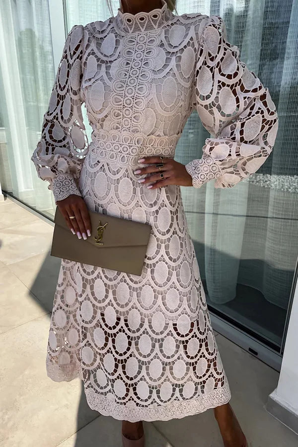 Irma Boutique Romantic, Sensual, and Midi Dress with Lantern Sleeves Made of Crochet Lace Designer Edit