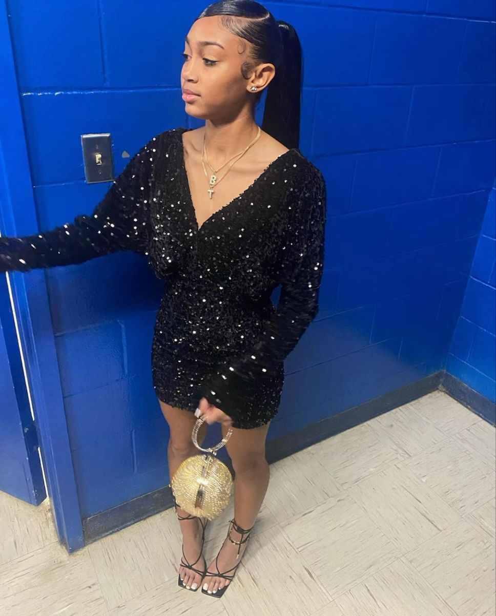 Shiny Black Sequins Homecoming Dress with Long Sleeves Y2158 - VelvetHem