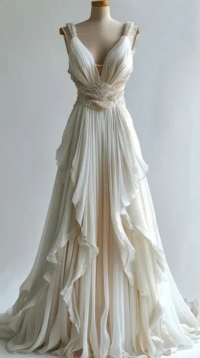 Elegant Chiffon Ruched Long Prom Dress Ivory Wedding Dress Evening Dress (ZD13729) - VelvetHem