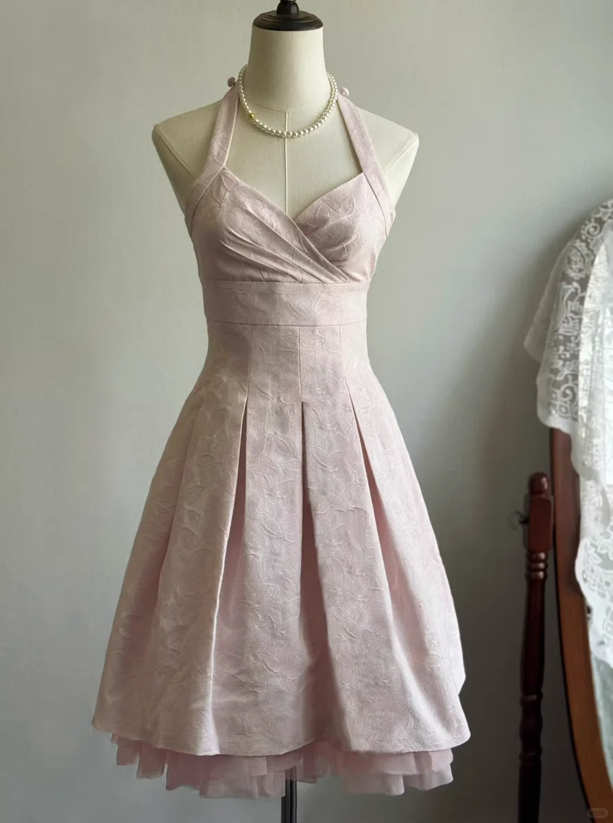 Pretty Pink Halter V Neck Satin Birthday Outfits Short Homecoming Dress - VelvetHem
