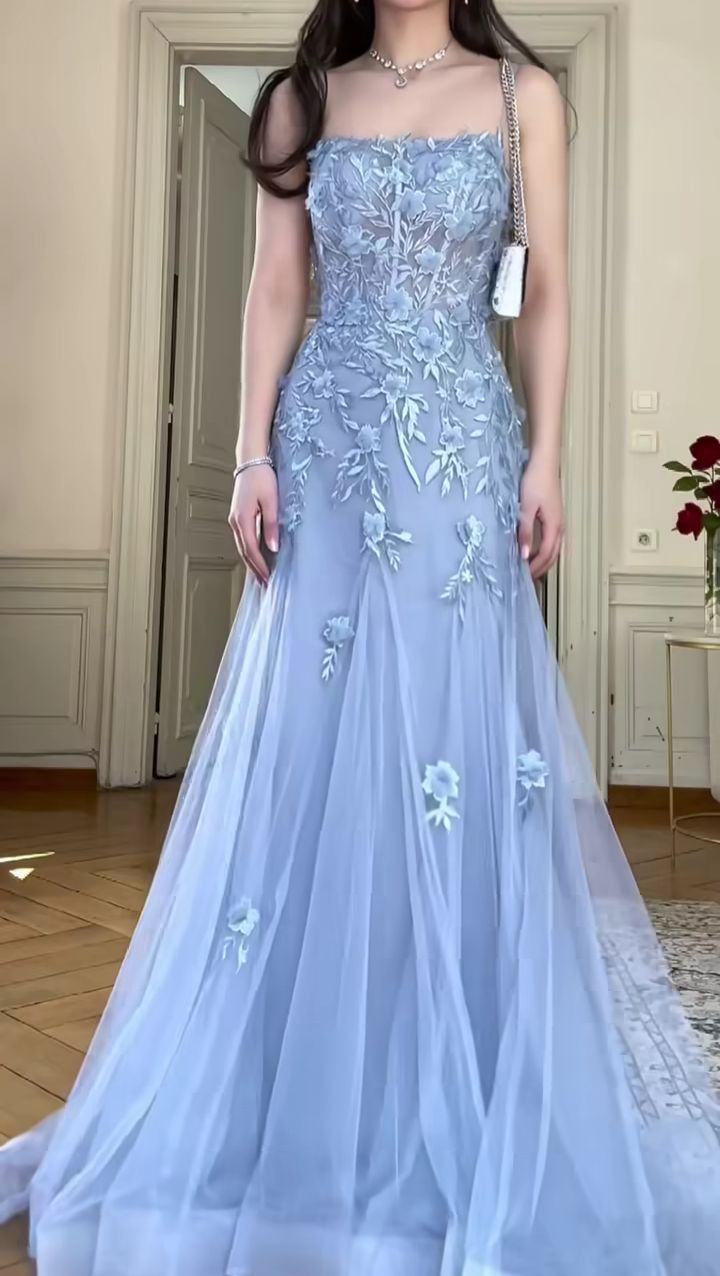 Classy Blue Tulle Appliques Mermaid Evening Dress Long Prom Dress Y8156 - VelvetHem