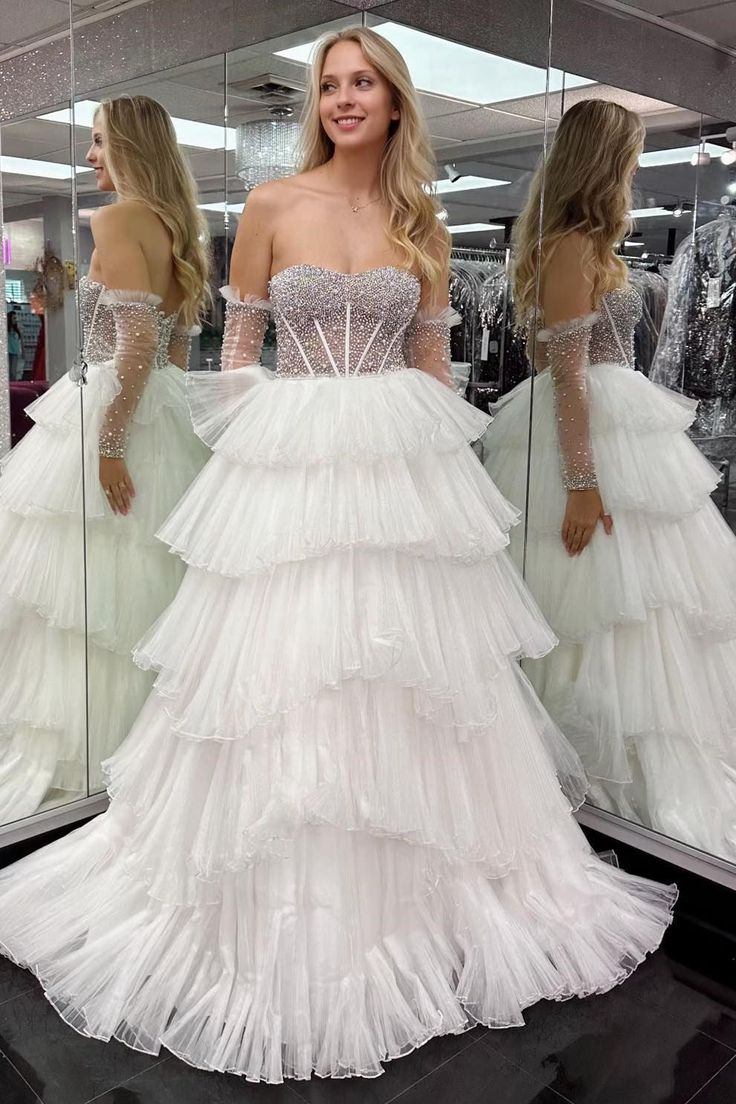 A-line Sweetheart Tiered Organza Prom Dress with Detachable Sleeves - VelvetHem