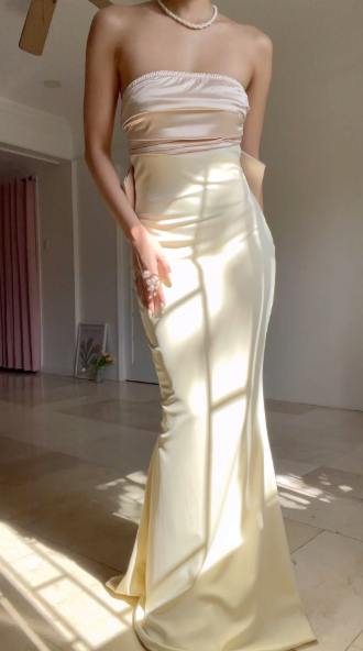 Classy Strapless Satin Mermaid Evening Dress With Bow,Long Party Prom Dress - VelvetHem