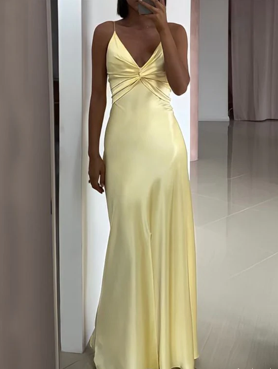 Sexy Spaghetti Strap Yellow Mermaid Satin Evening Prom Dress,Long Party Dress - View 3 | VelvetHem