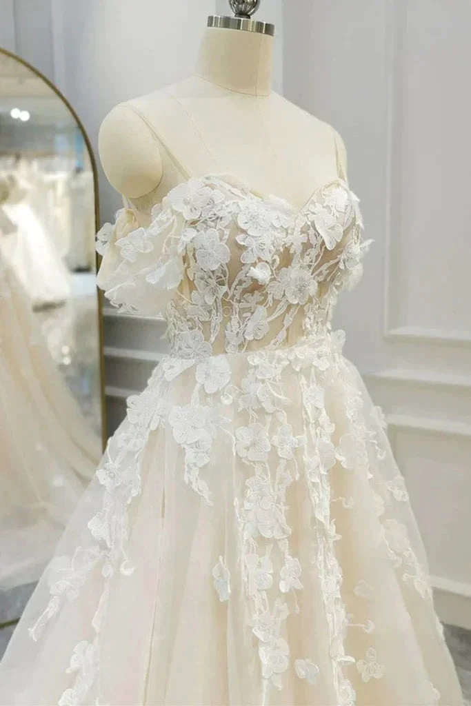 Off Shoulder Light Champagne Tulle Lace Long Wedding Dress Y211 by simplepromdress