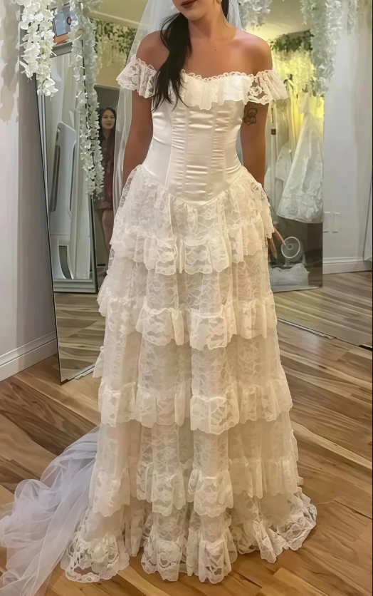 Classy Off The Shoulder Satin Lace Tiered Wedding Dress,White Prom Evening Dress - VelvetHem