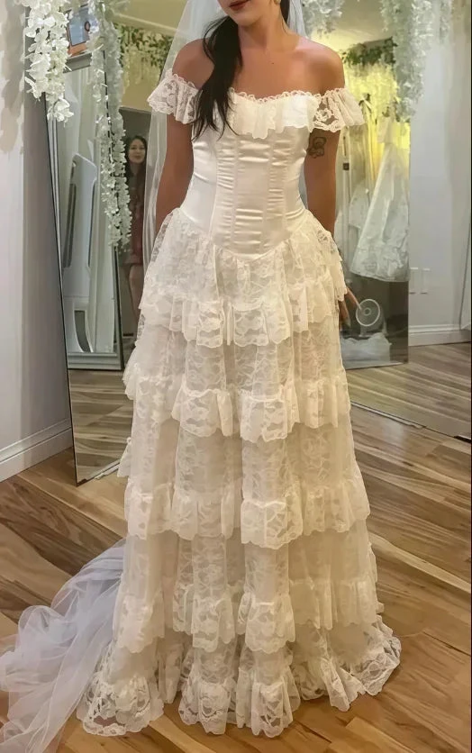 Vintage Off The Shoulder White Lace Layered Wedding Dress, Ruffle Long Bridal Dress Prom Dress (ZD13733) - VelvetHem