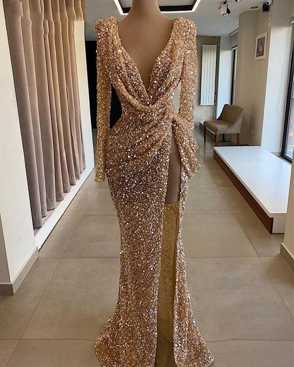Sparkly Sequin Mermaid Sexy Long Sleeve Evening Dress - VelvetHem