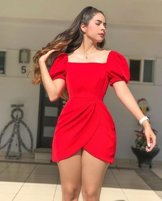 Red Square Neckline Homecoming Dress with Puff Sleeves ,Y2546 - VelvetHem