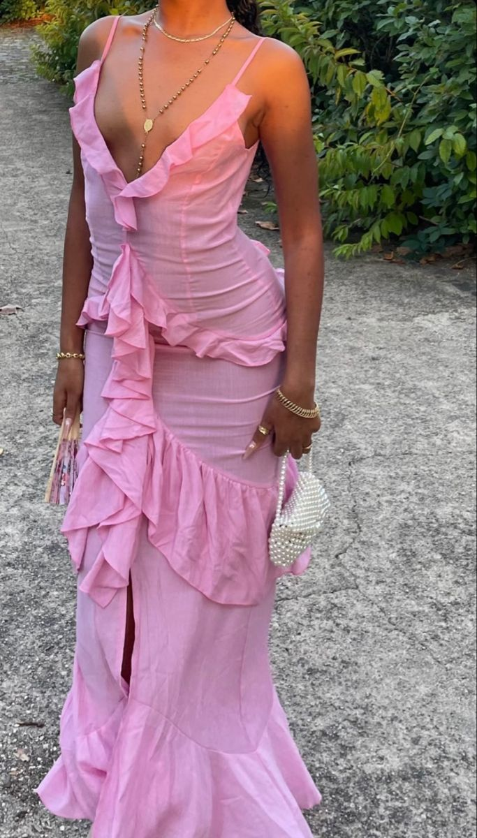 Pretty Pink Spaghetti Straps Satin Ruffle Mermaid Slit Evening Dress Long Party Gown - View 2 | VelvetHem
