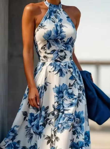 Vintage Satin Print Floral Sleeveless Party Evening Dress,Blue A Line Prom Dress - View 4 | VelvetHem