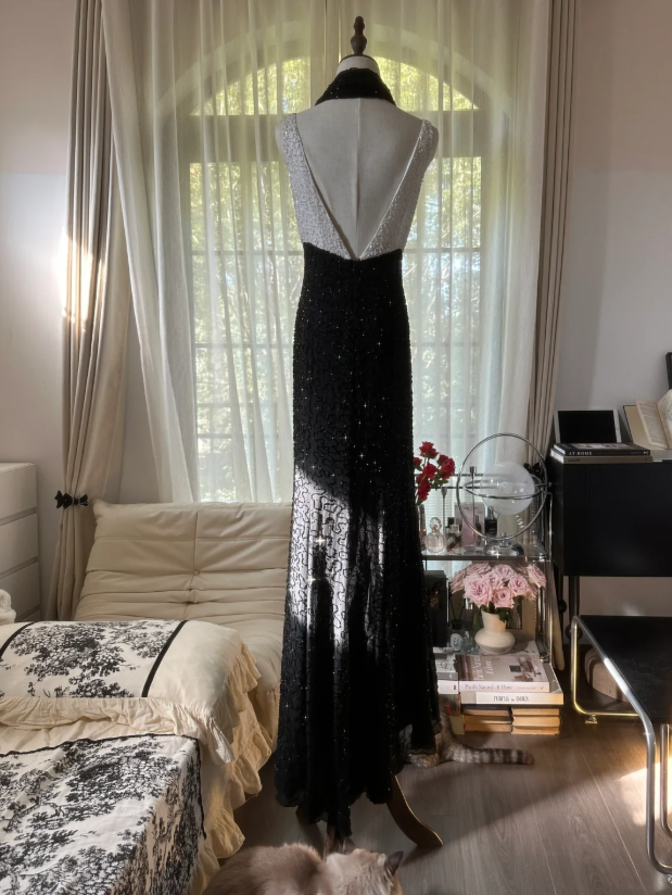Elegant V Neck Black Chiffon Beaded Mermaid Evening Dress Long Birthday Party Gown With Scarf - View 4 | VelvetHem