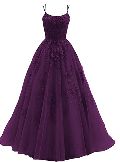 Silver spaghetti strap prom dress, long tulle lace appliqu�d women's party dress - View 2 | VelvetHem