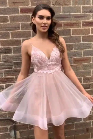 Simple Spaghetti Straps V Neck Backless Pink Short Homecoming Dress - VelvetHem