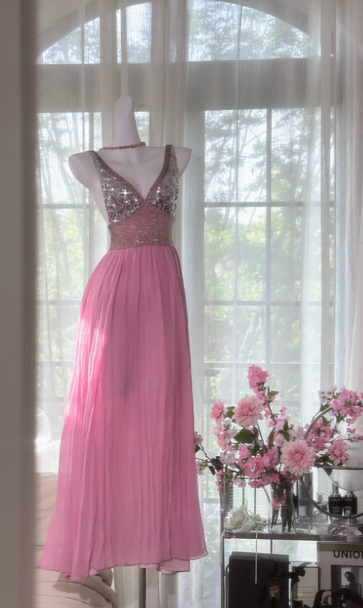 Pretty Pink V Neck Sequin Chiffon A Line Long Wedding Guest Dress Formal Party Dress Prom Dresses - View 2 | VelvetHem