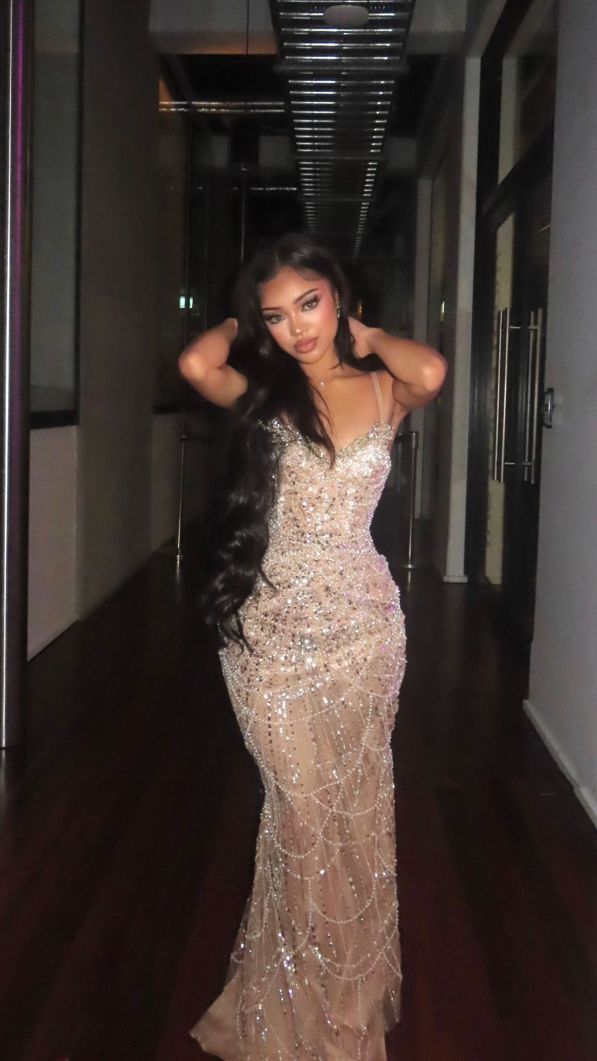 Gorgeous Spaghetti Straps Champagne Sequin Beaded Mermaid Prom Dress Long Evening Gown