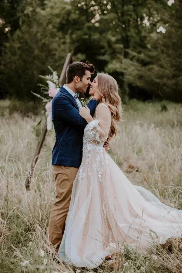 V Neck Long Sleeve Wedding Dress Rustic Wedding Gown (ZD16100)