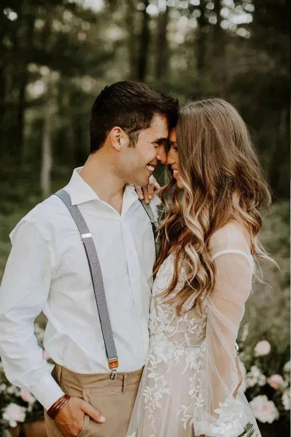 V Neck Long Sleeve Wedding Dress Rustic Wedding Gown (ZD16100)