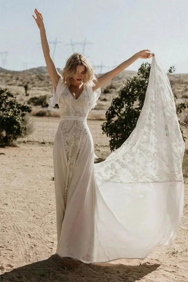 V Neckline Backless Lace Chiffon Bohemian Wedding Dress (ZD16091) - VelvetHem