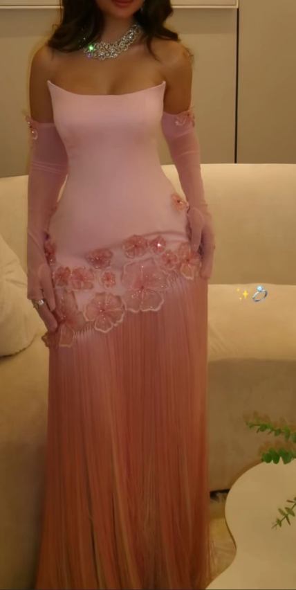 Pretty Pink Strapless Chiffon Appliques Tassel Long Prom Dress Party Dress With Gloves