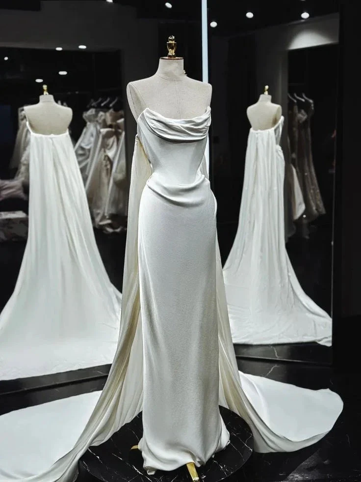 Classy Mermaid Strapless White Satin Wedding Dress Prom Dress (ZD13727) - VelvetHem