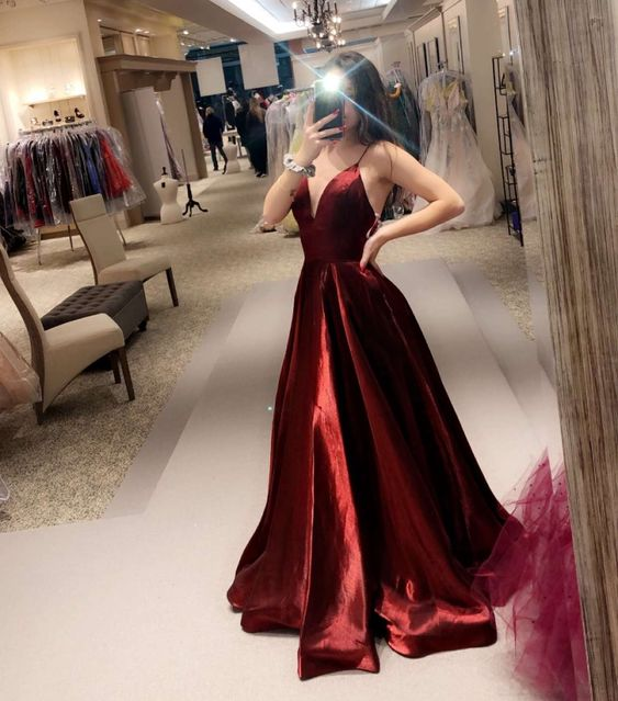 Sexy Spaghetti Straps Dark Red A-line Long Prom Dress - VelvetHem