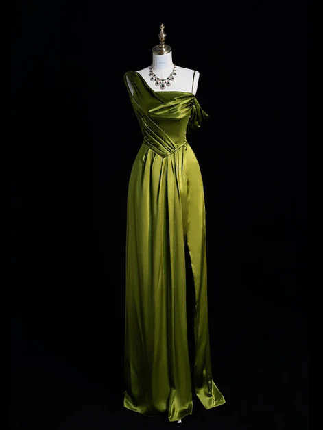 Elegant One Shoulder Green Slit Prom Evening Dress Y8218 - VelvetHem