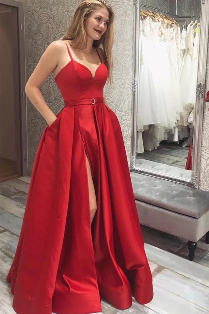Simple V Neck Red Satin Long Prom Dress with High Slit, V Neck Red Formal Graduation Evening Dress Y220 - VelvetHem