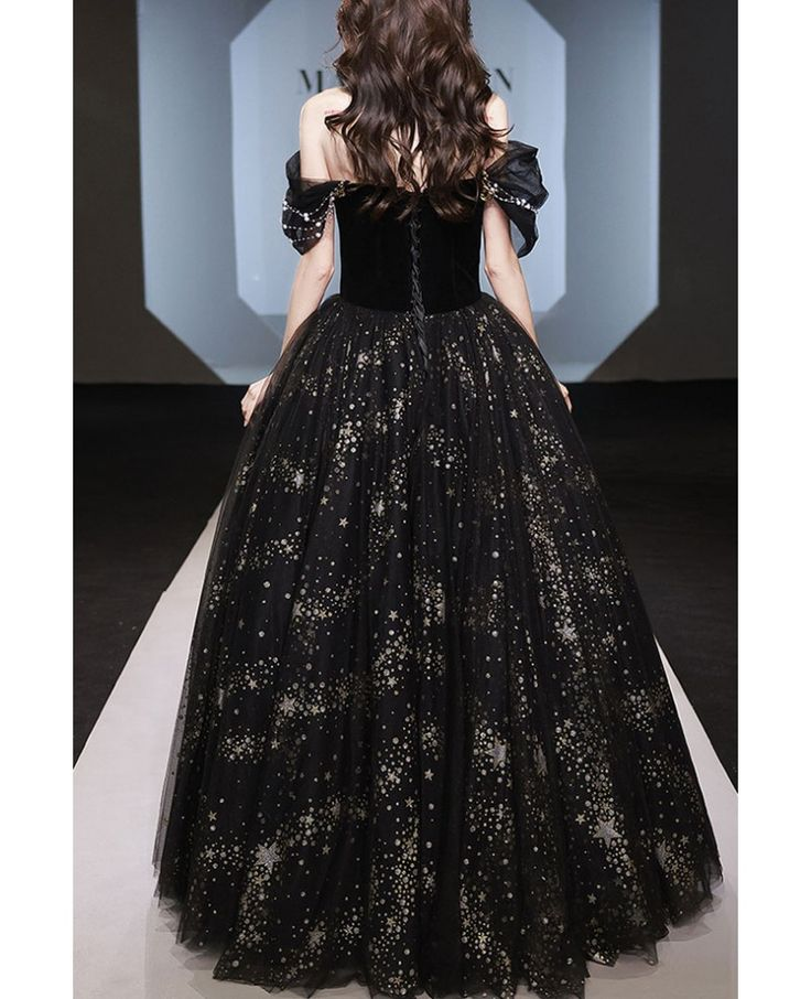 Classy Off Shoulder Black Tulle Sequins Ball Gown Gothic A Line Prom Dress - View 2 | VelvetHem