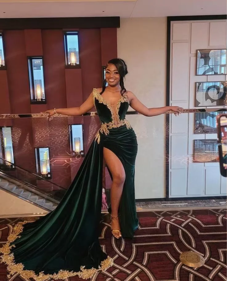 Sexy Halter Velvet Lace Appliques Evening Dress,Green Slit Party Dress Evening Gown - VelvetHem
