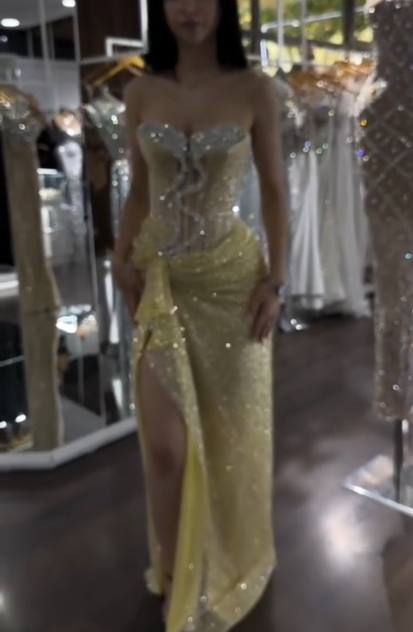 Glitter Strapless Yellow Sequin Beaded Mermaid Slit Evening Dress Formal Birthday Party Dress - View 5 | VelvetHem