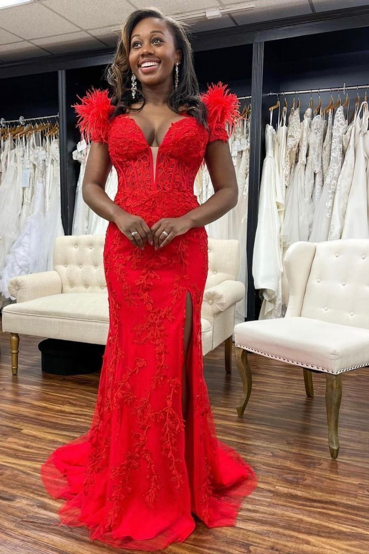 Red Lace Mermaid Prom Dress With Split Red Evening Dress Y5721 - VelvetHem