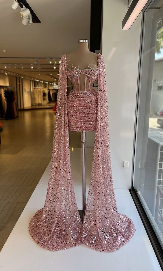 Sequins Sparkling Elegant Prom Dresses With Long Wrap Train Short Mini Length Women Sexy Party Cocktail Gowns Custom Made Y2983 - VelvetHem